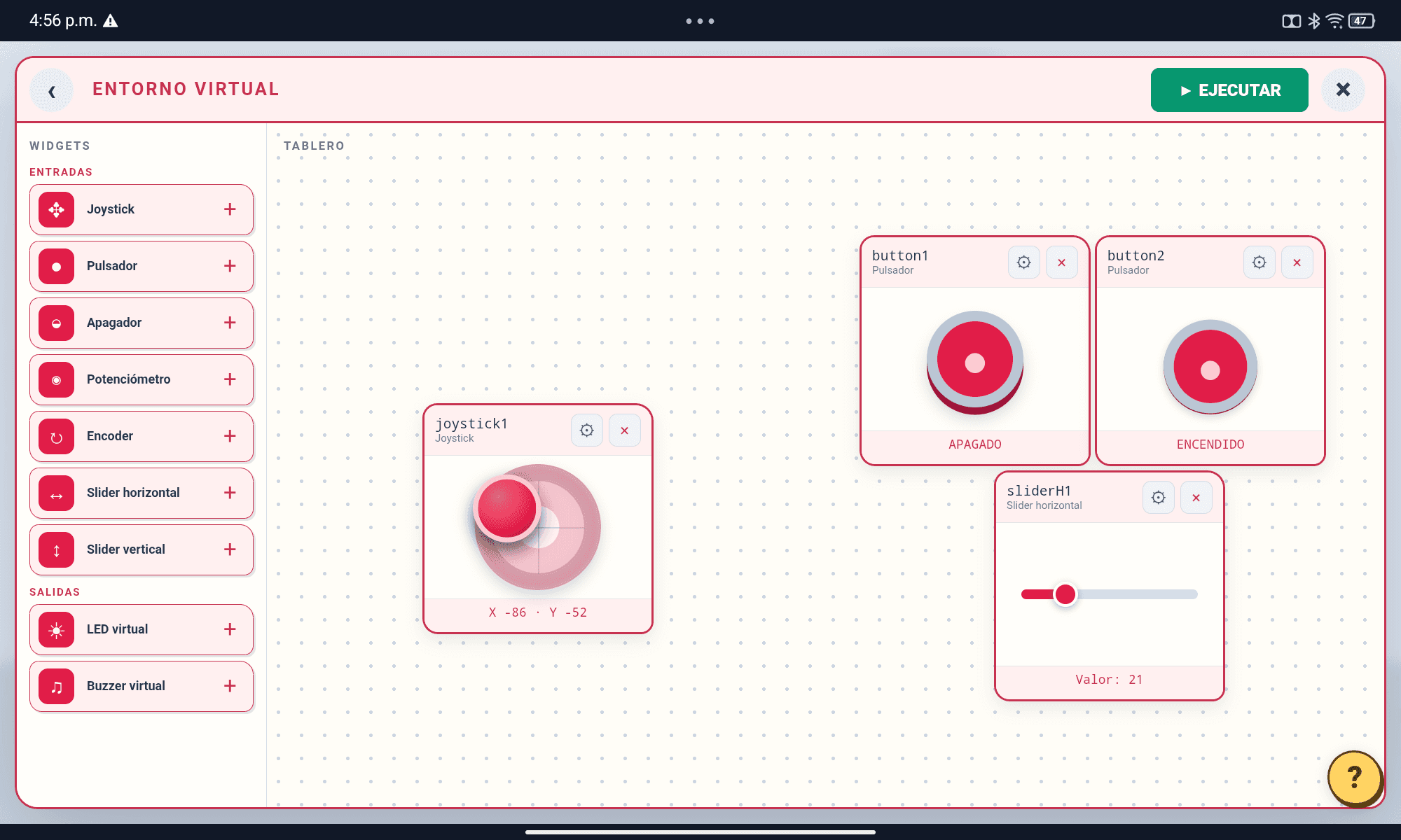 Entorno virtual con un joystick, dos pulsadores y un slider sobre el tablero