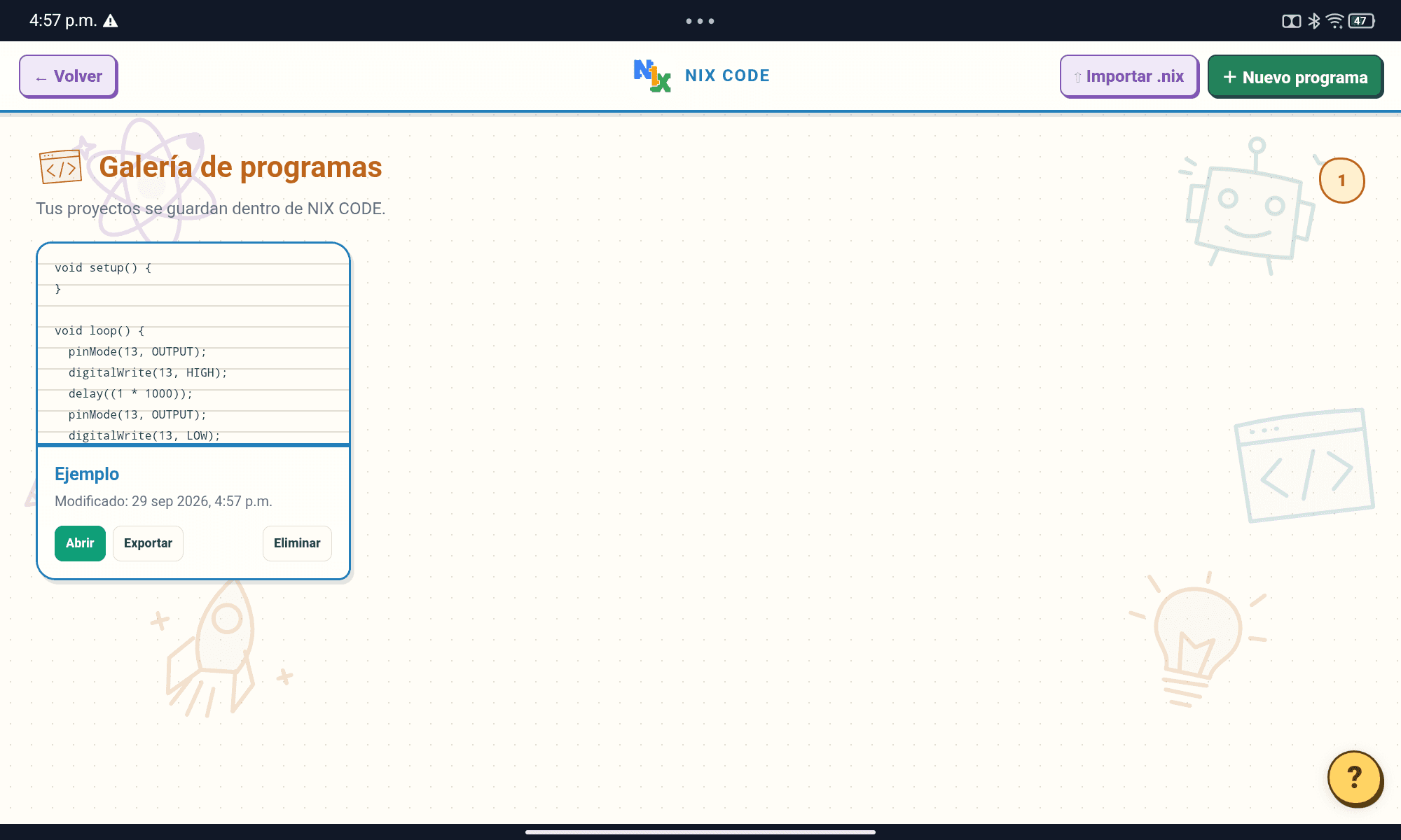 Galería de programas guardados, con las opciones abrir, exportar y eliminar