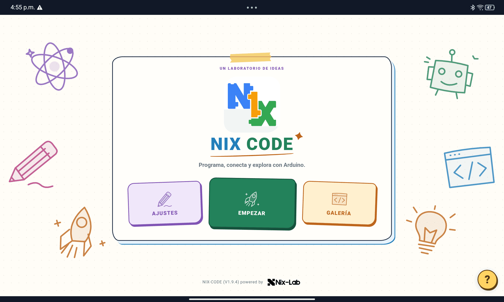 Inicio de Nixcode con los botones Ajustes, Empezar y Galería