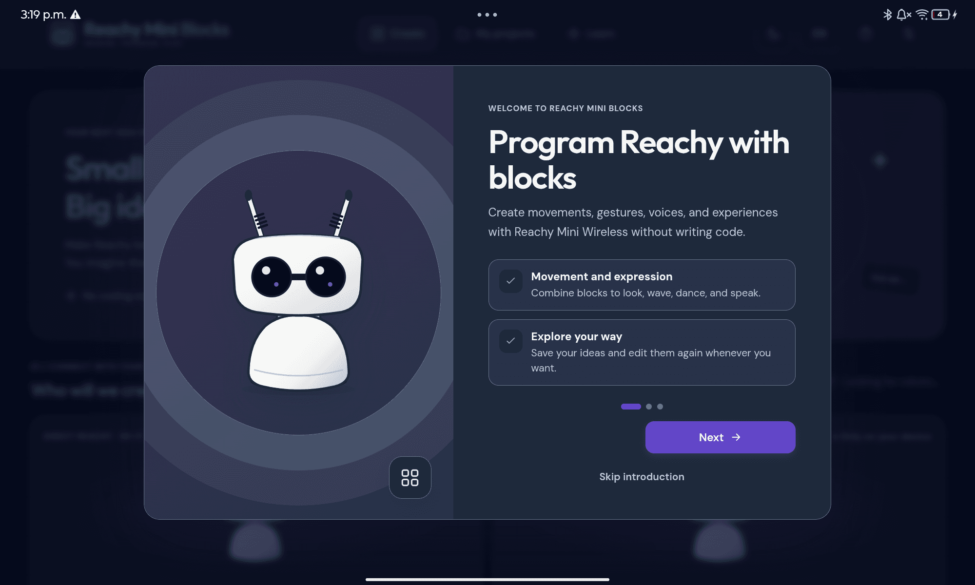 Pantalla de bienvenida de Reachy Mini Blocks: Program Reachy with blocks